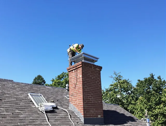 Orange Chimney Sweep technician measuring a chimney cap in Orange, CT