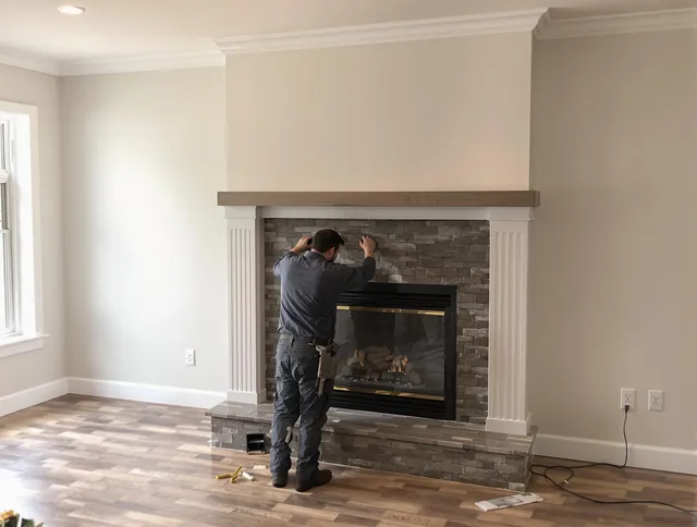Orange Chimney Sweep finishing a custom fireplace install in Orange, CT